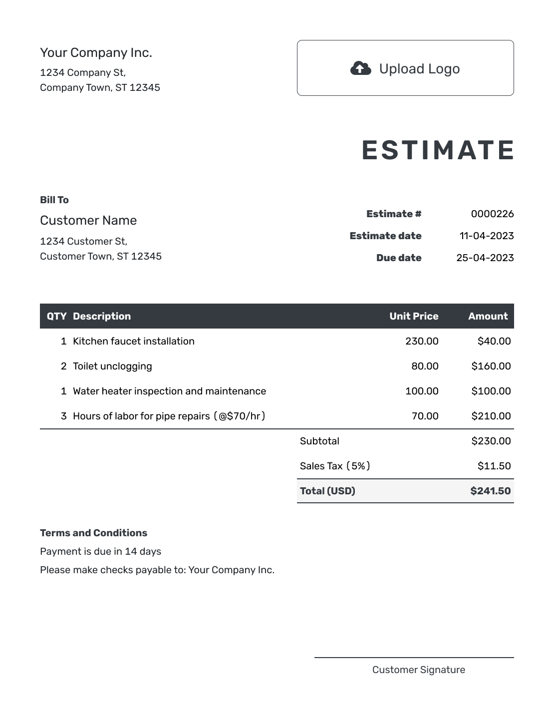 Editable Estimate Sheet Template