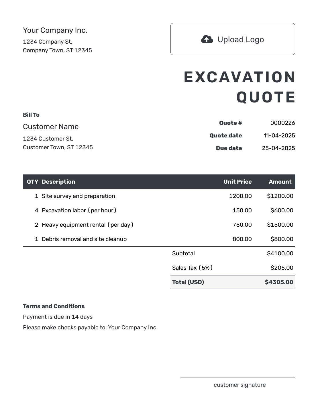 Editable Excavation Quote Template