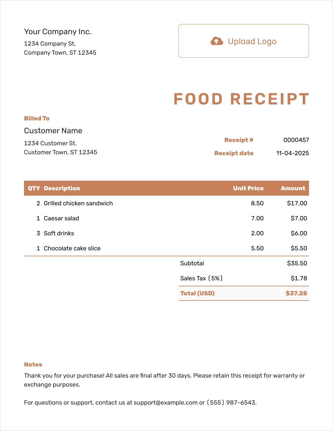 Editable Food Receipt Template