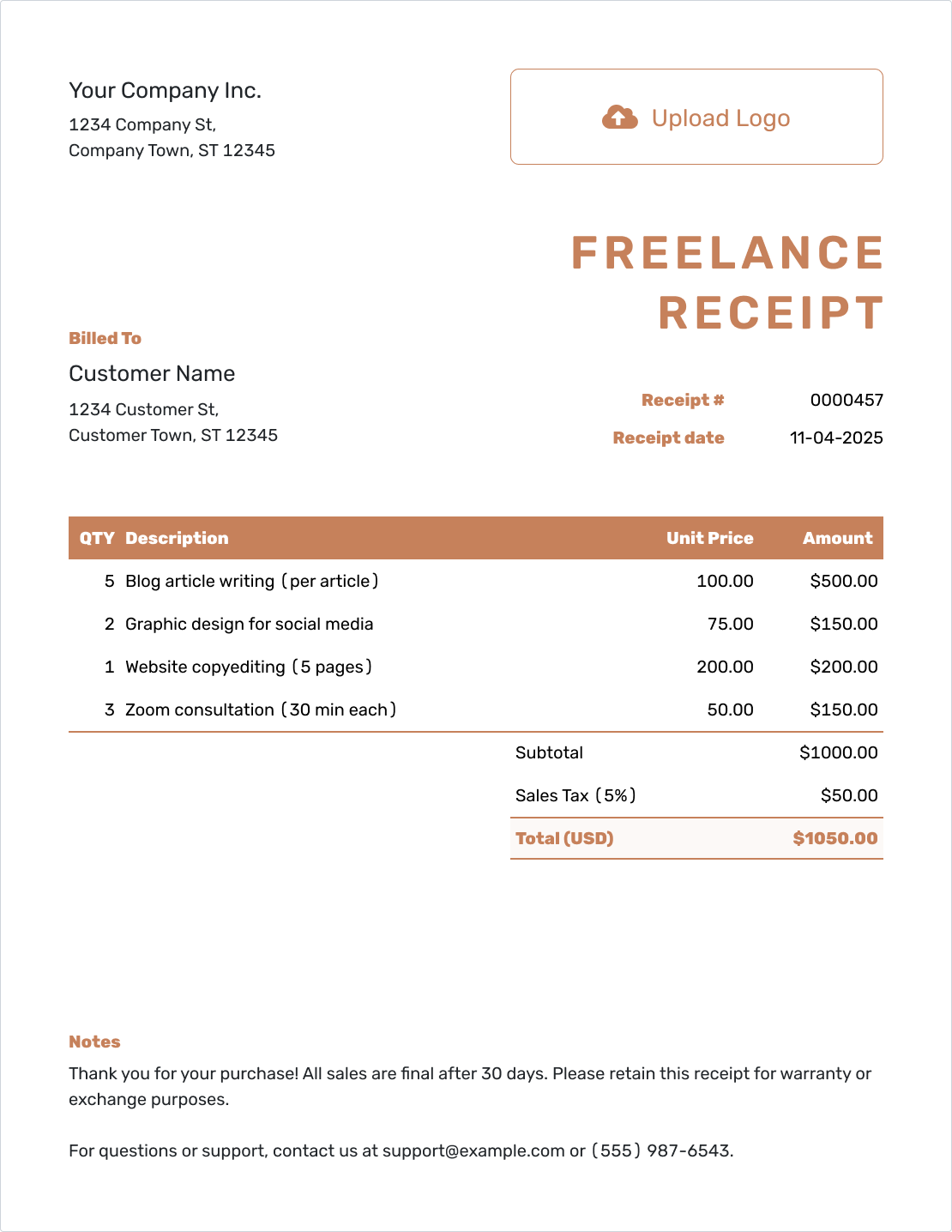 Editable Freelance Receipt Template