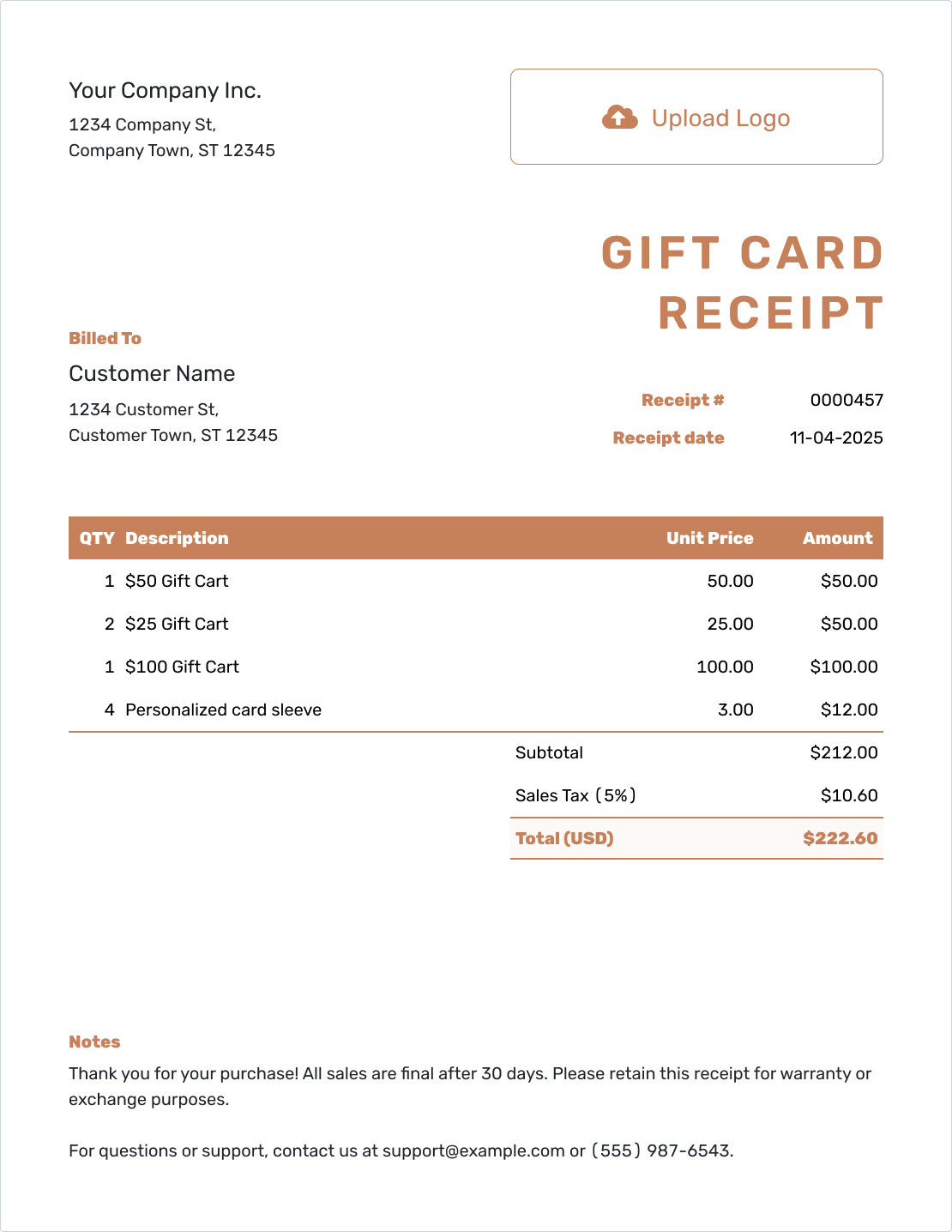 Editable Gift Card Receipt Template