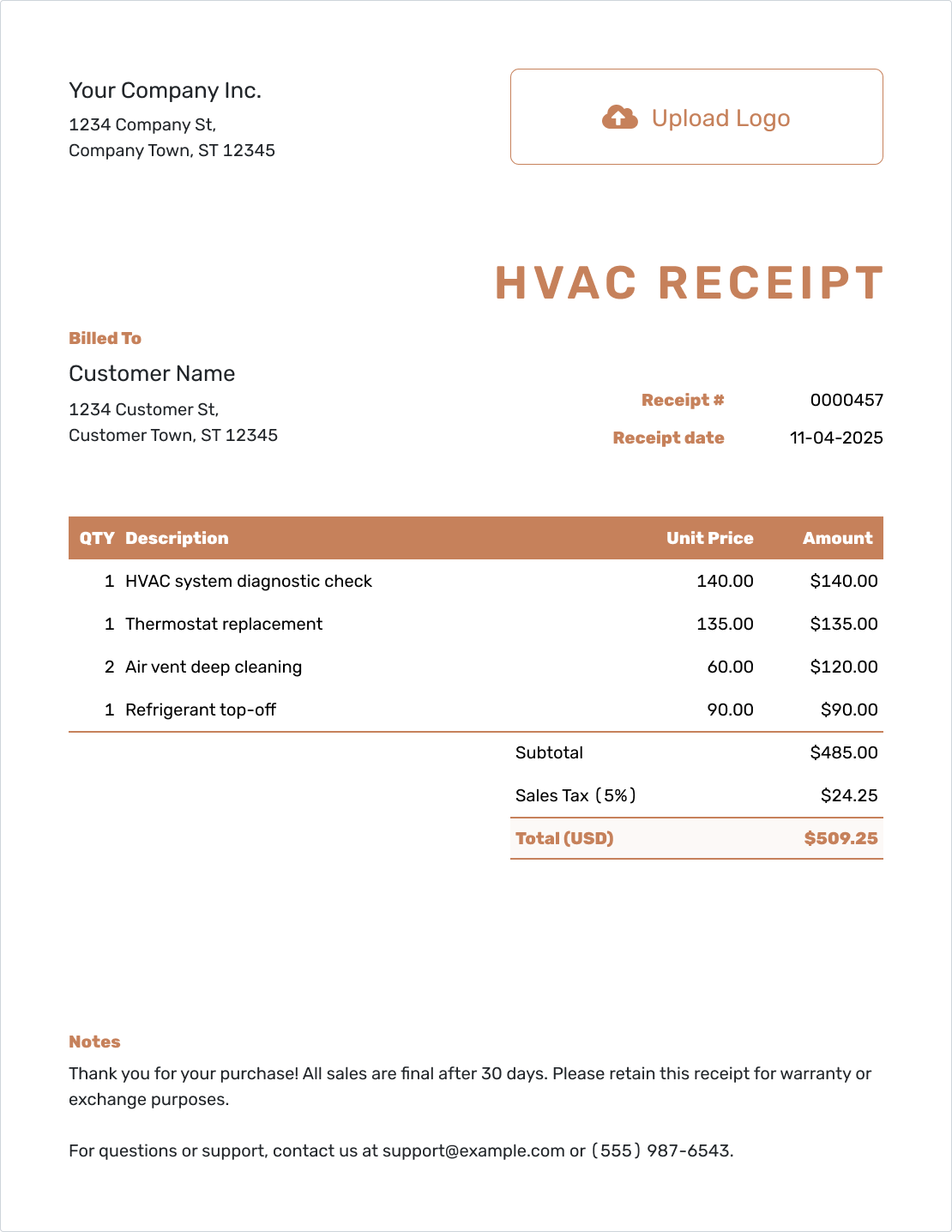 Editable HVAC Receipt Template