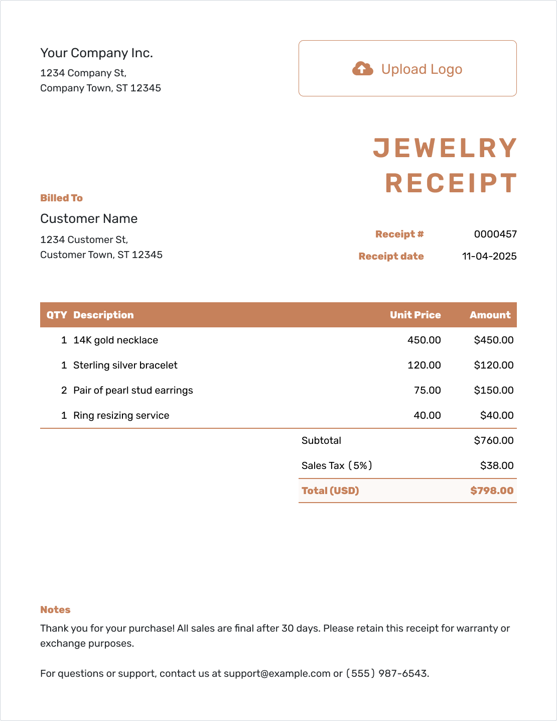 Editable Jewellery Receipt Template