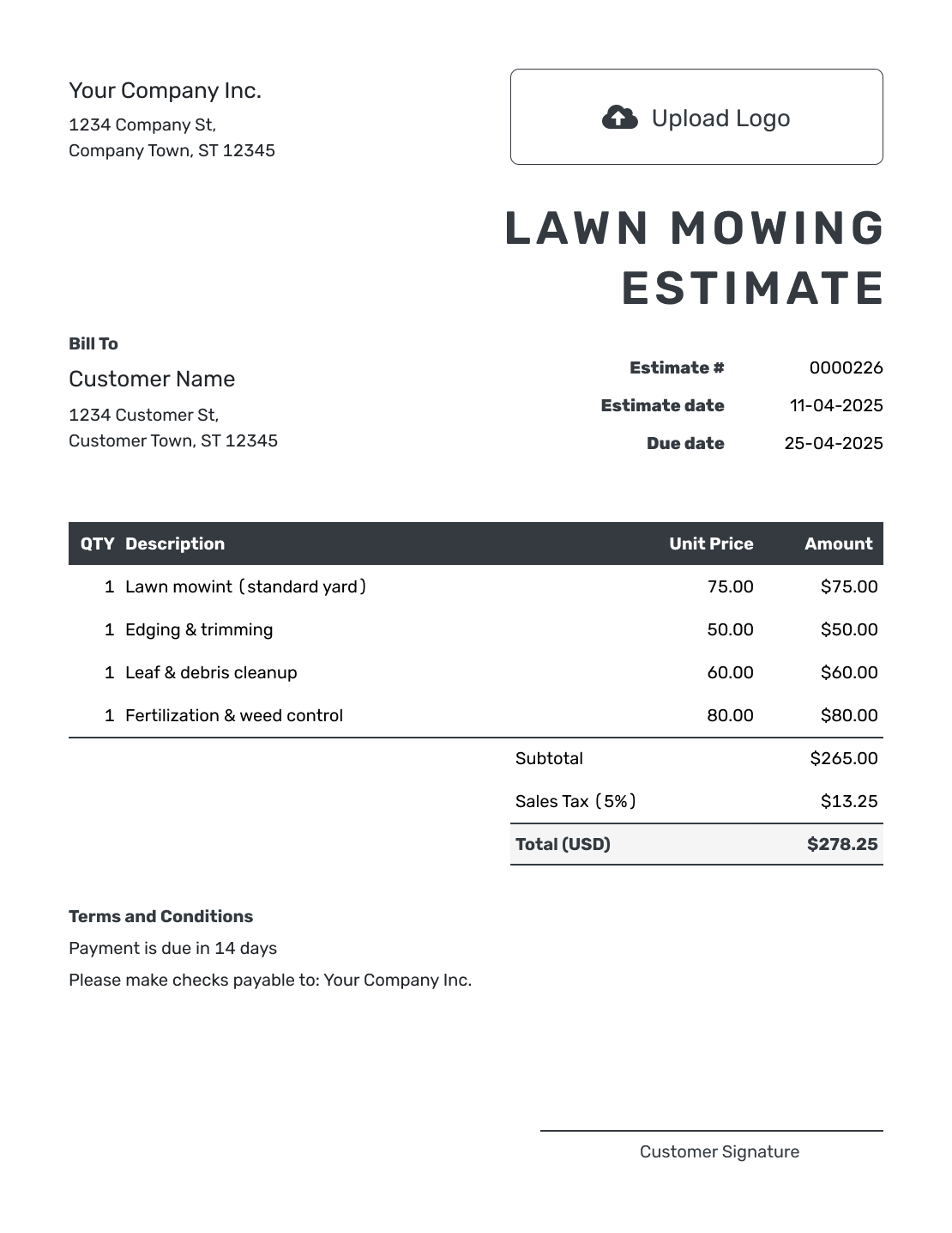 Editable Lawn Mowing Estimate Template