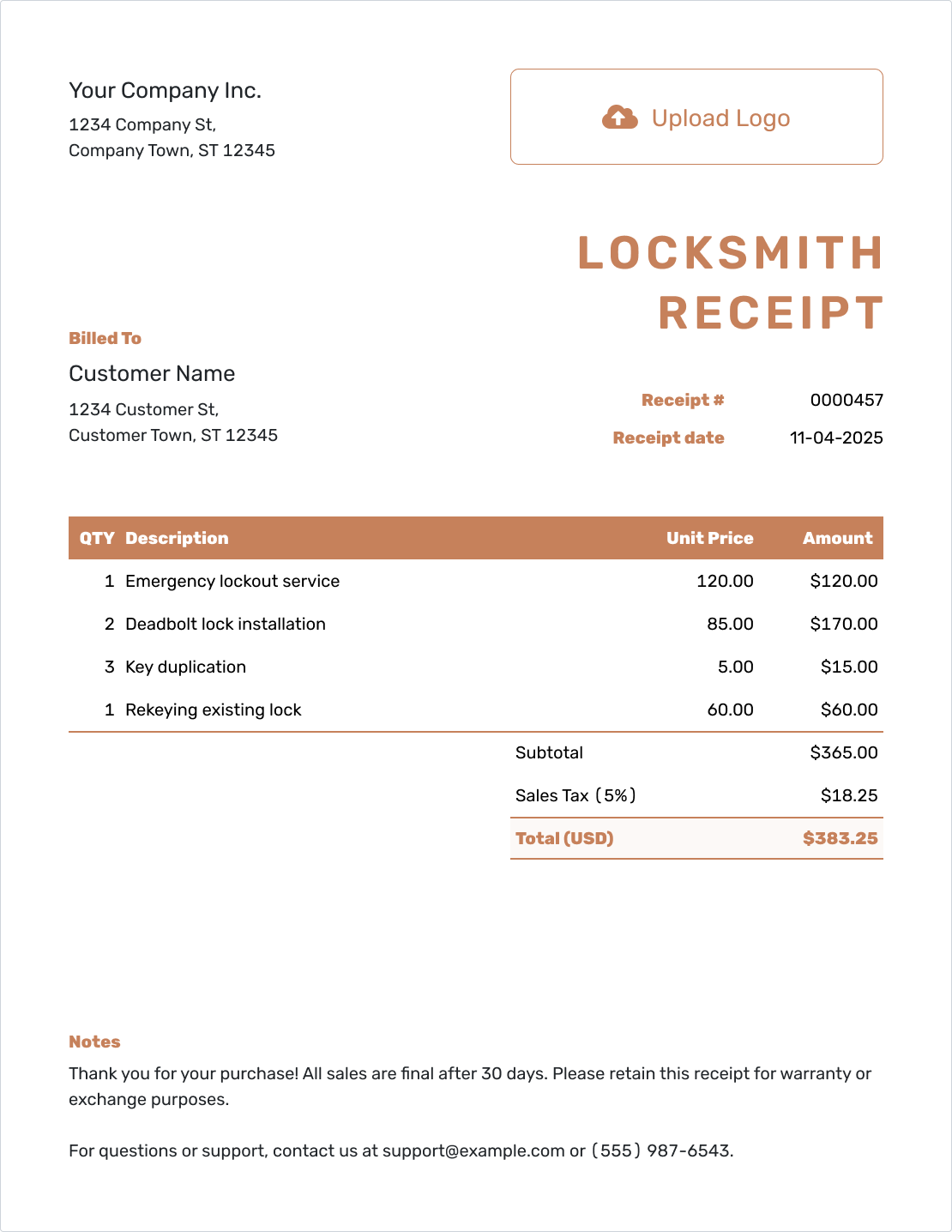 Editable Locksmith Receipt Template