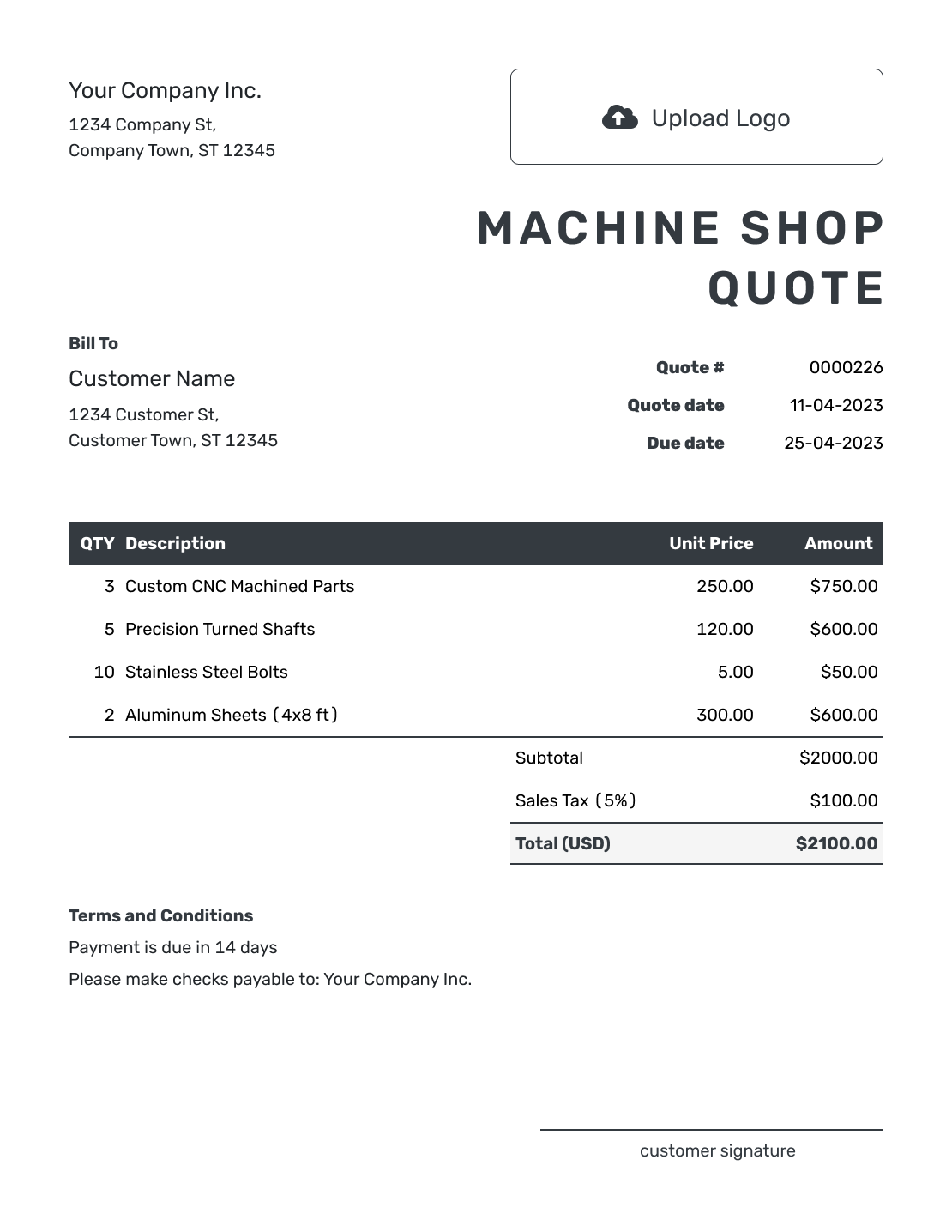 Editable Machine Shop Quote Template