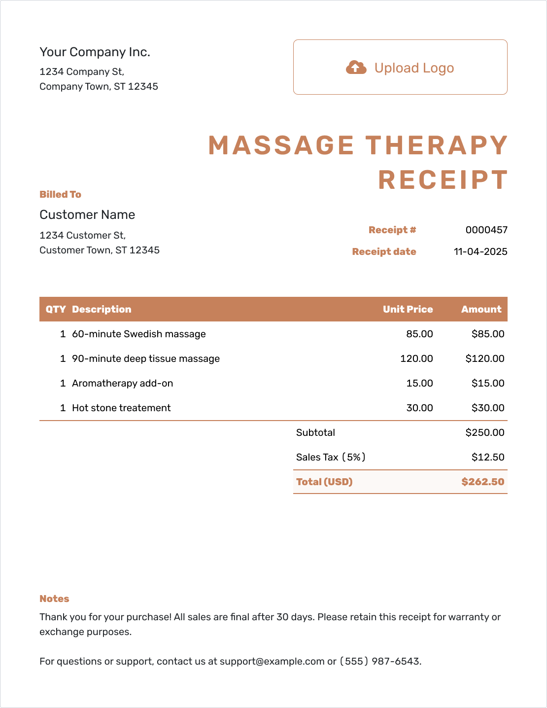 Editable Massage Therapy Receipt Template