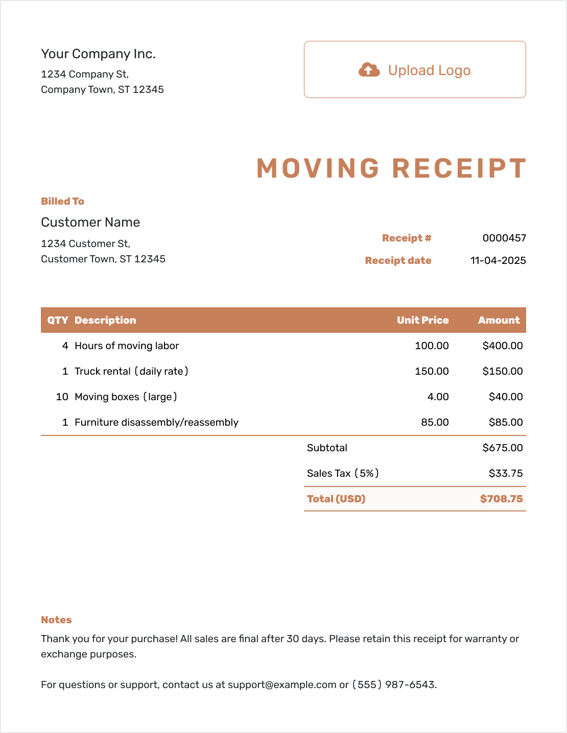 Editable Moving Receipt Template