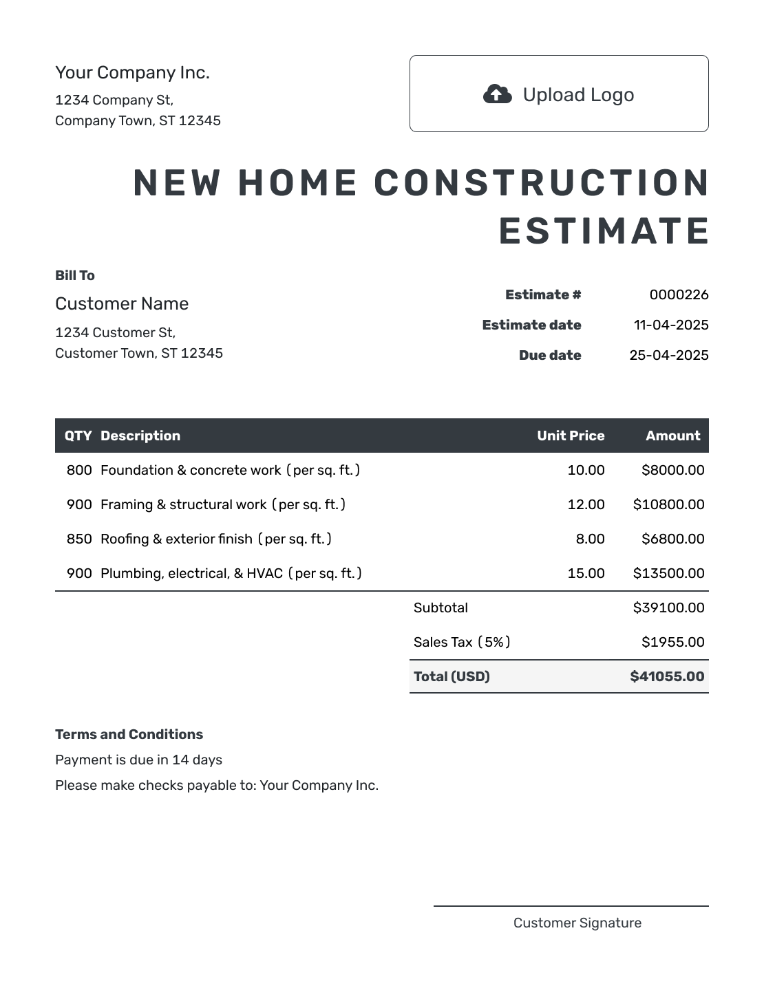 Editable New Home Construction Estimate Template