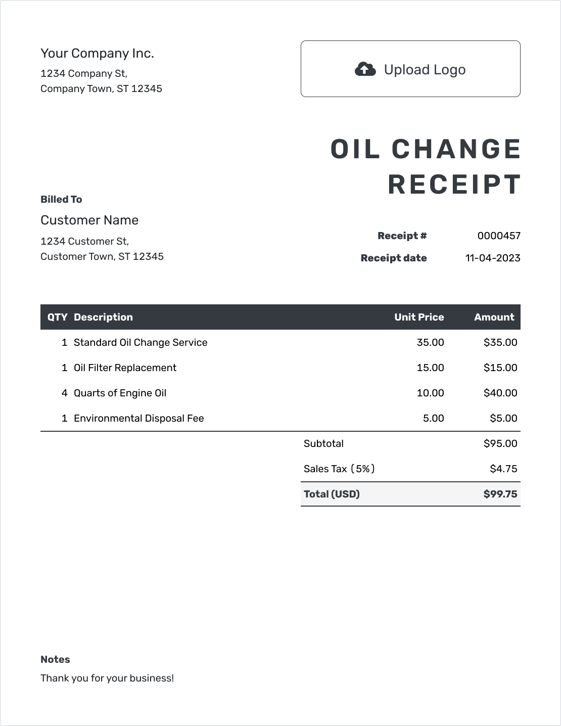 Editable Oil Change Receipt Template