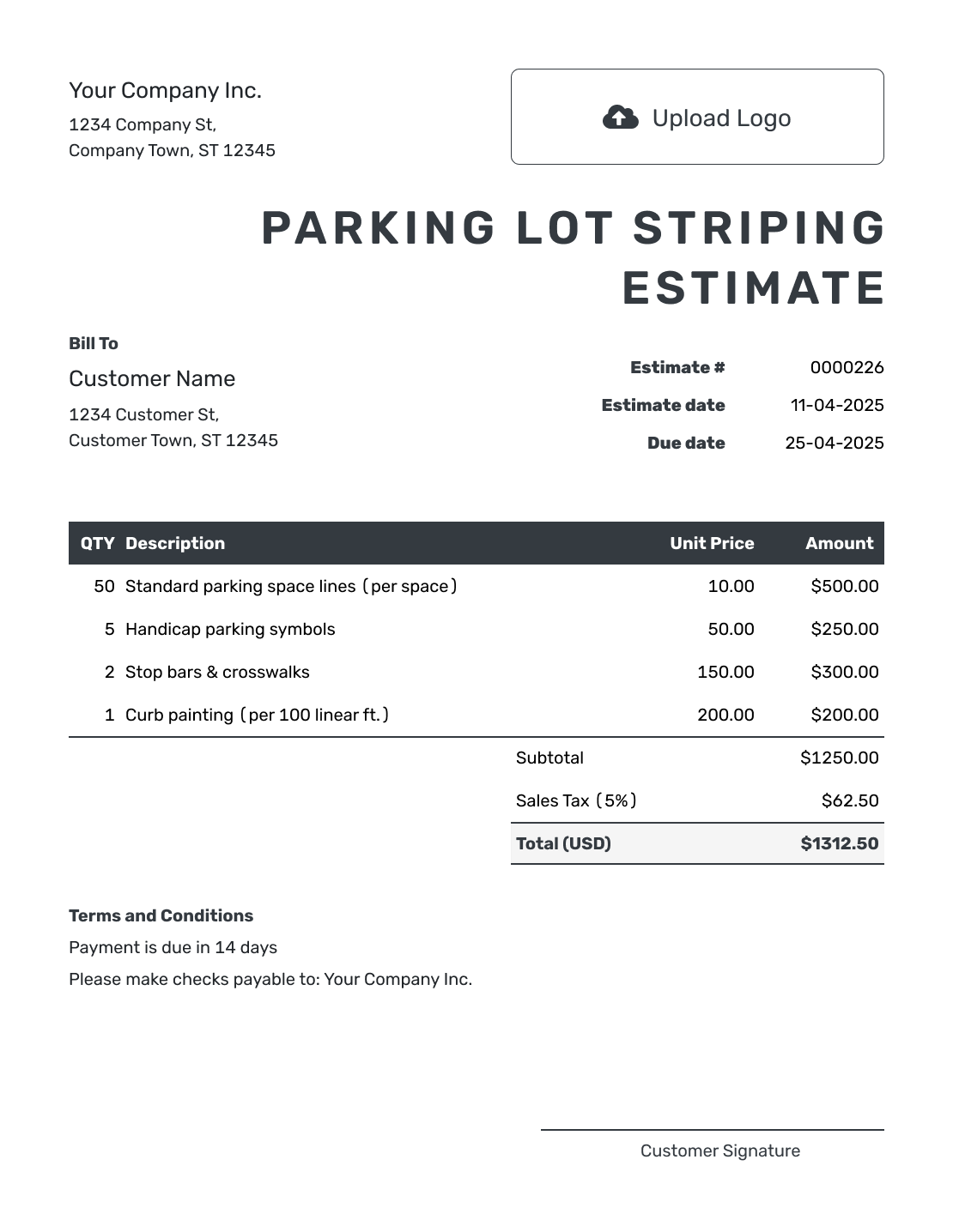 Editable Parking Lot Striping Estimate Template