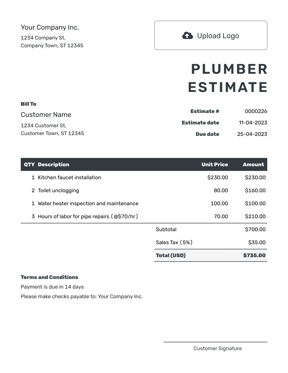 Editable Plumber Estimate Template