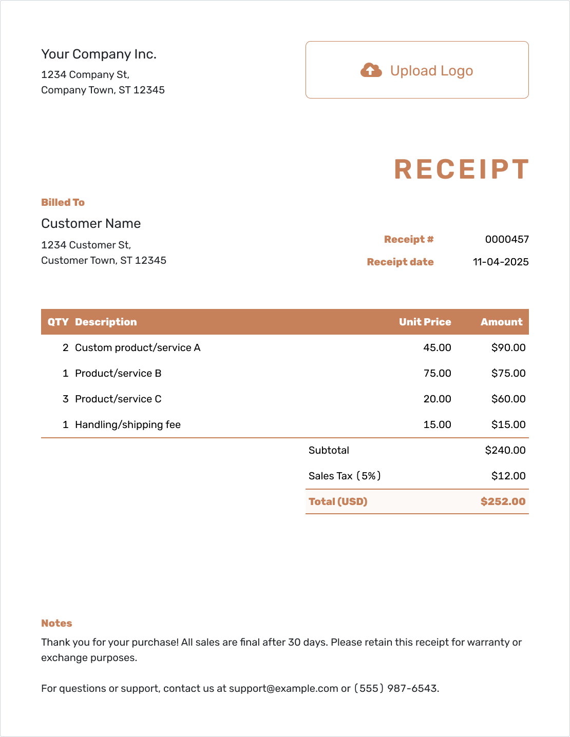 Editable Work Receipt Template