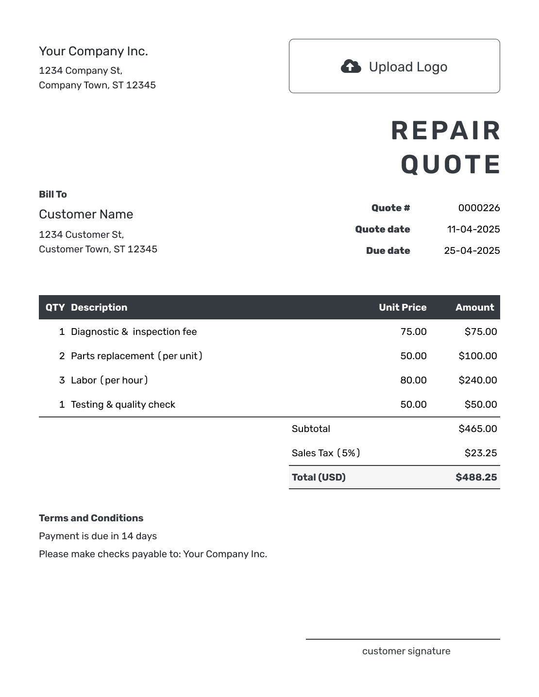 Editable Repair Quote Template