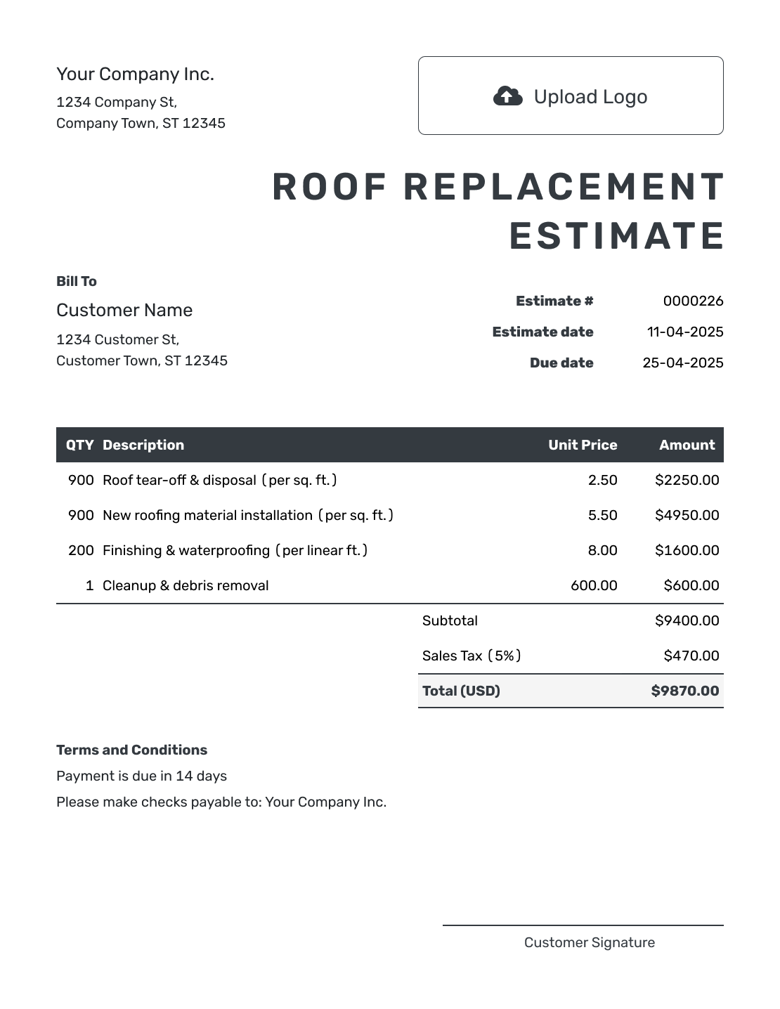 Editable Roof Replacement Estimate Template