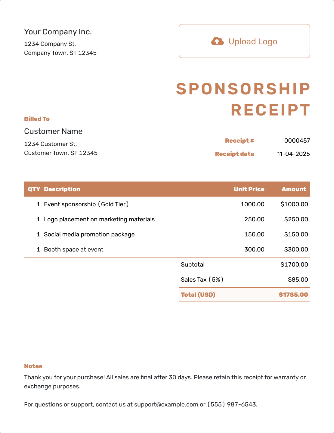 Editable Sponsorship Receipt Template