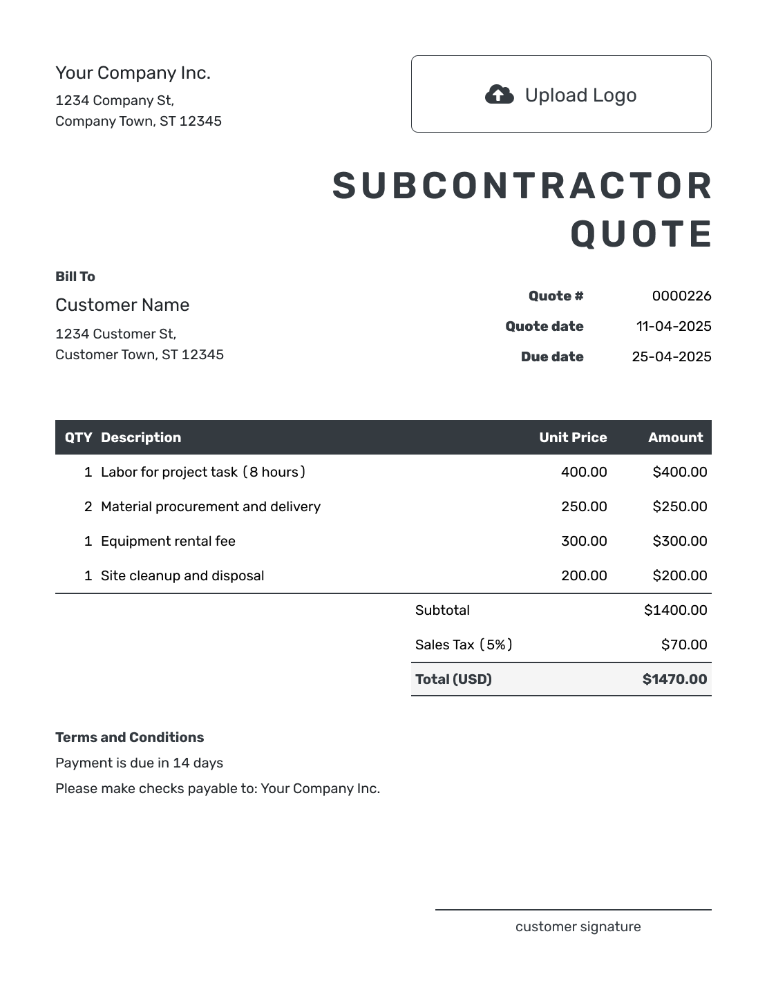 Editable Subcontractor Quote Template