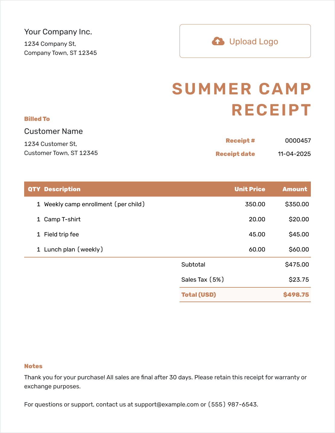 Editable Summer Camp Receipt Template