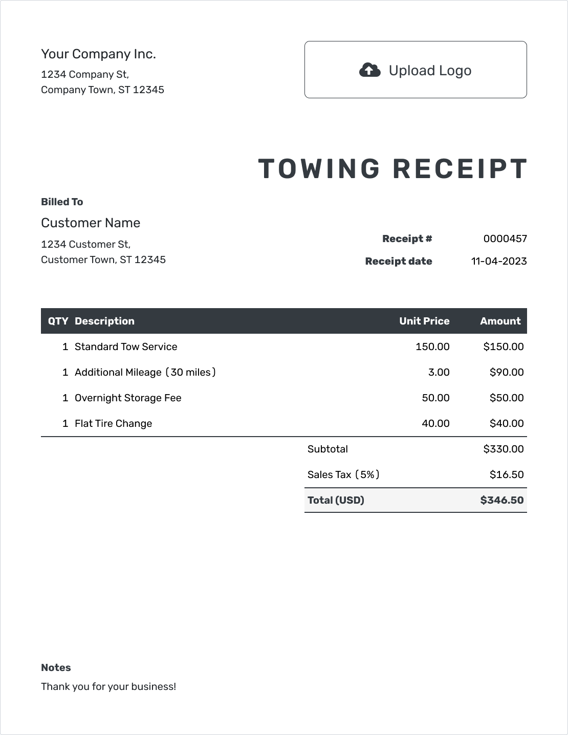 Editable Towing Receipt Template