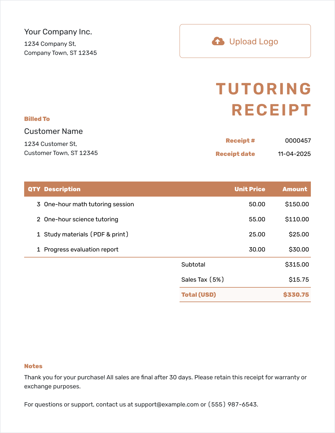 Editable Tutoring Receipt Template