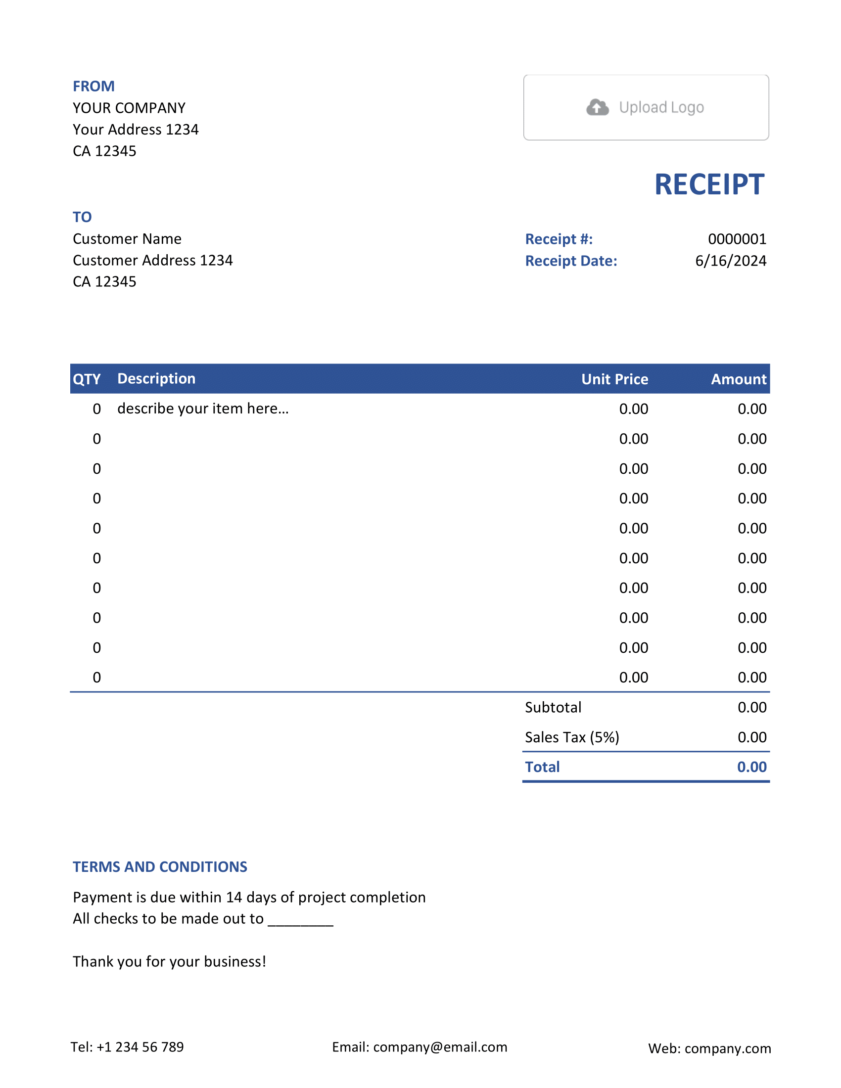 Blank Excel Receipt Template