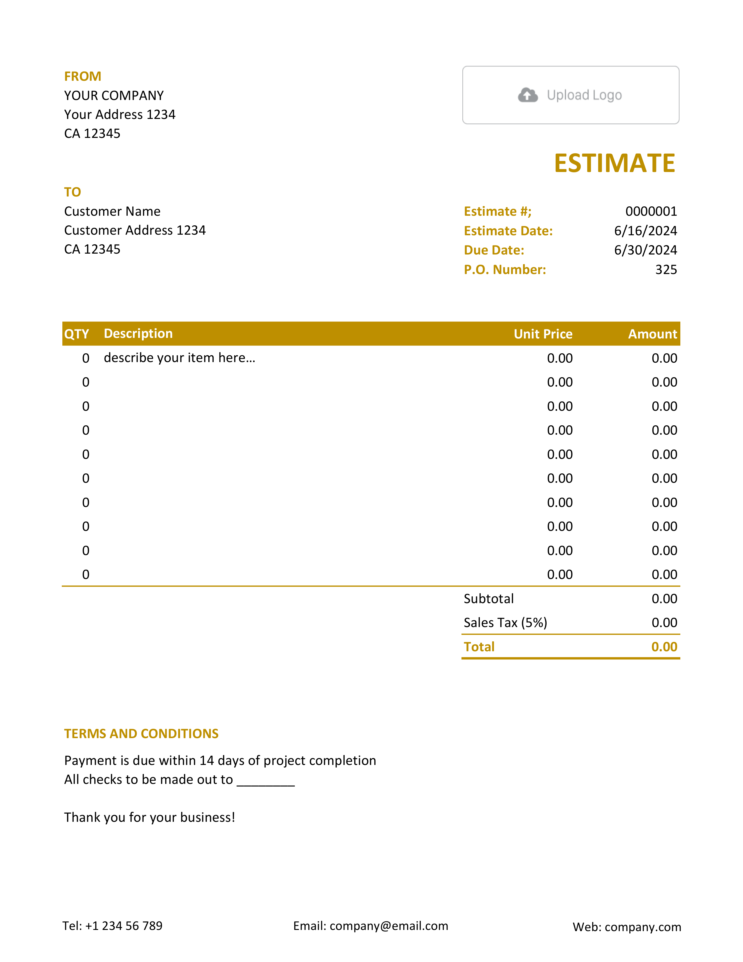 Excel Estimate Template with P. O. Number