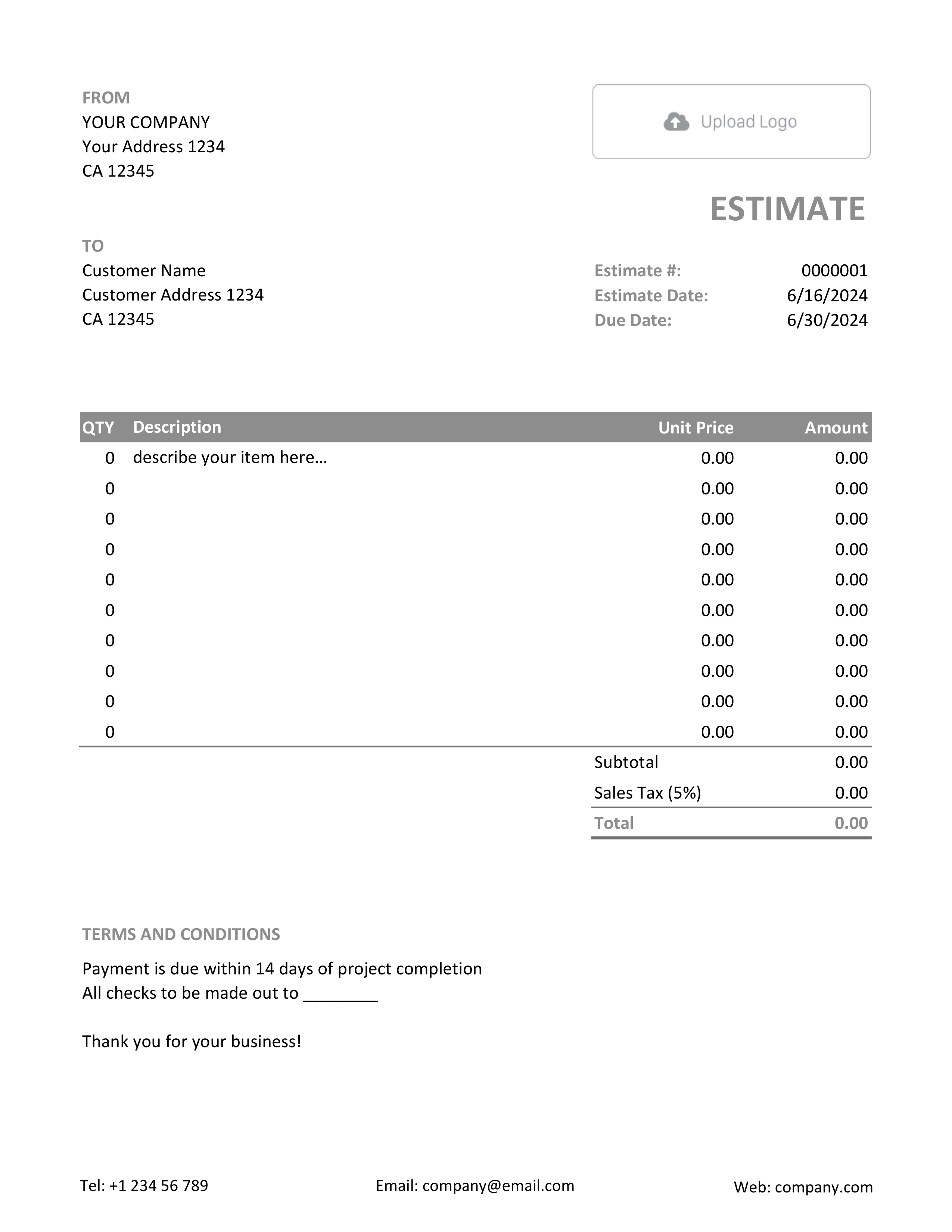 Excel Estimate Template with Sales Tax