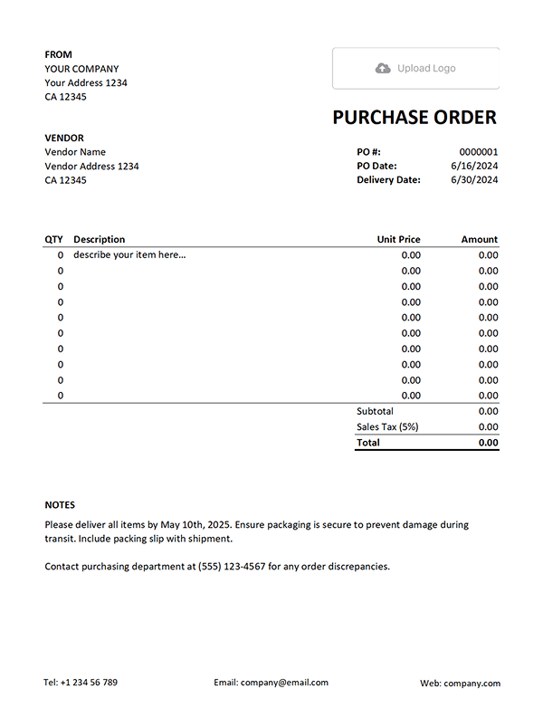 Free Excel Purchase Order Template