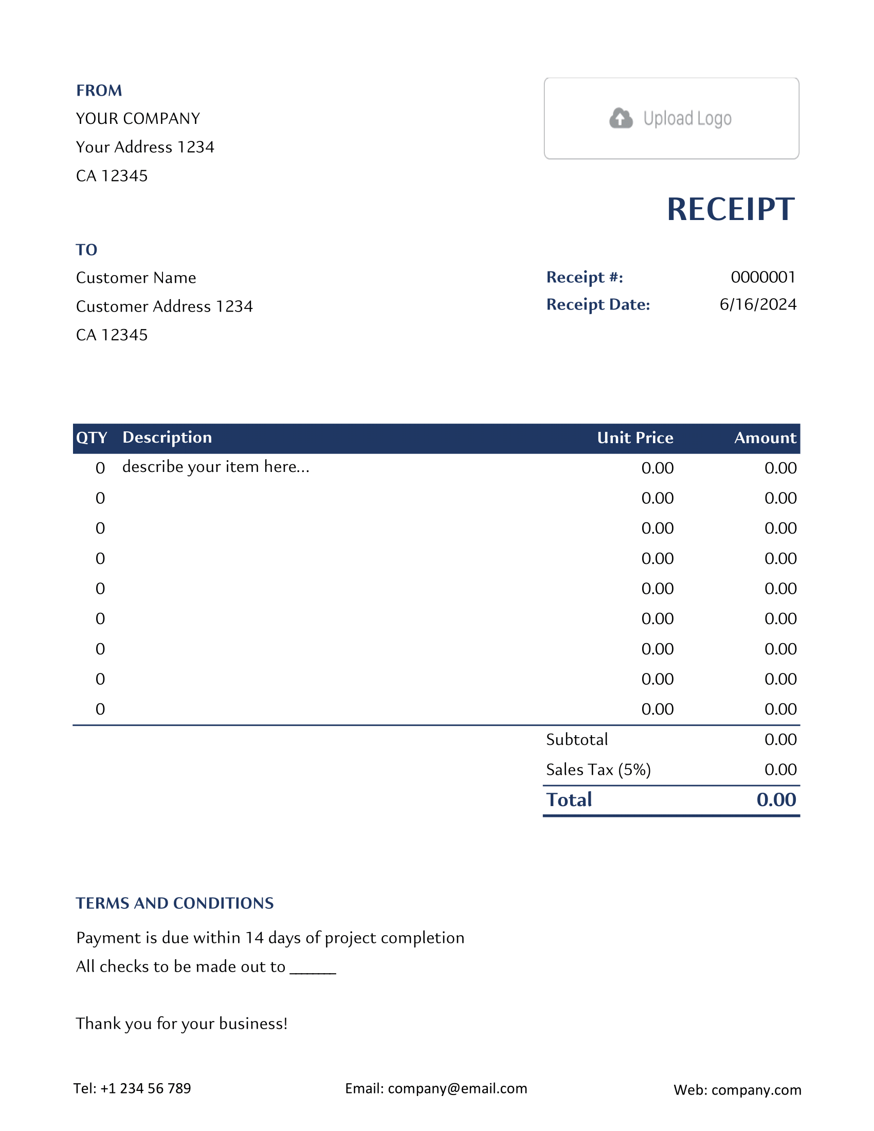 Hourly Excel Receipt Template