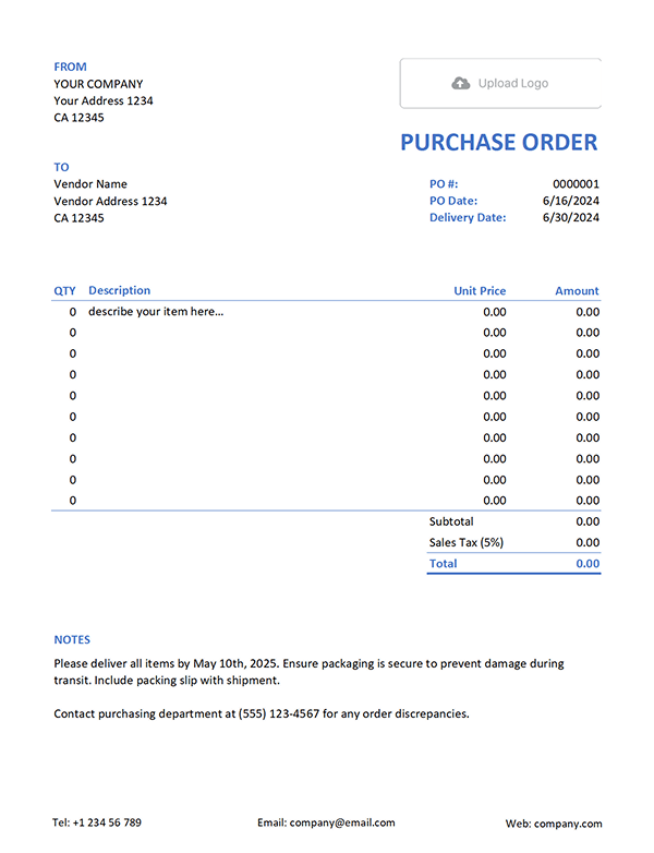 Printable Excel Purchase Order Template