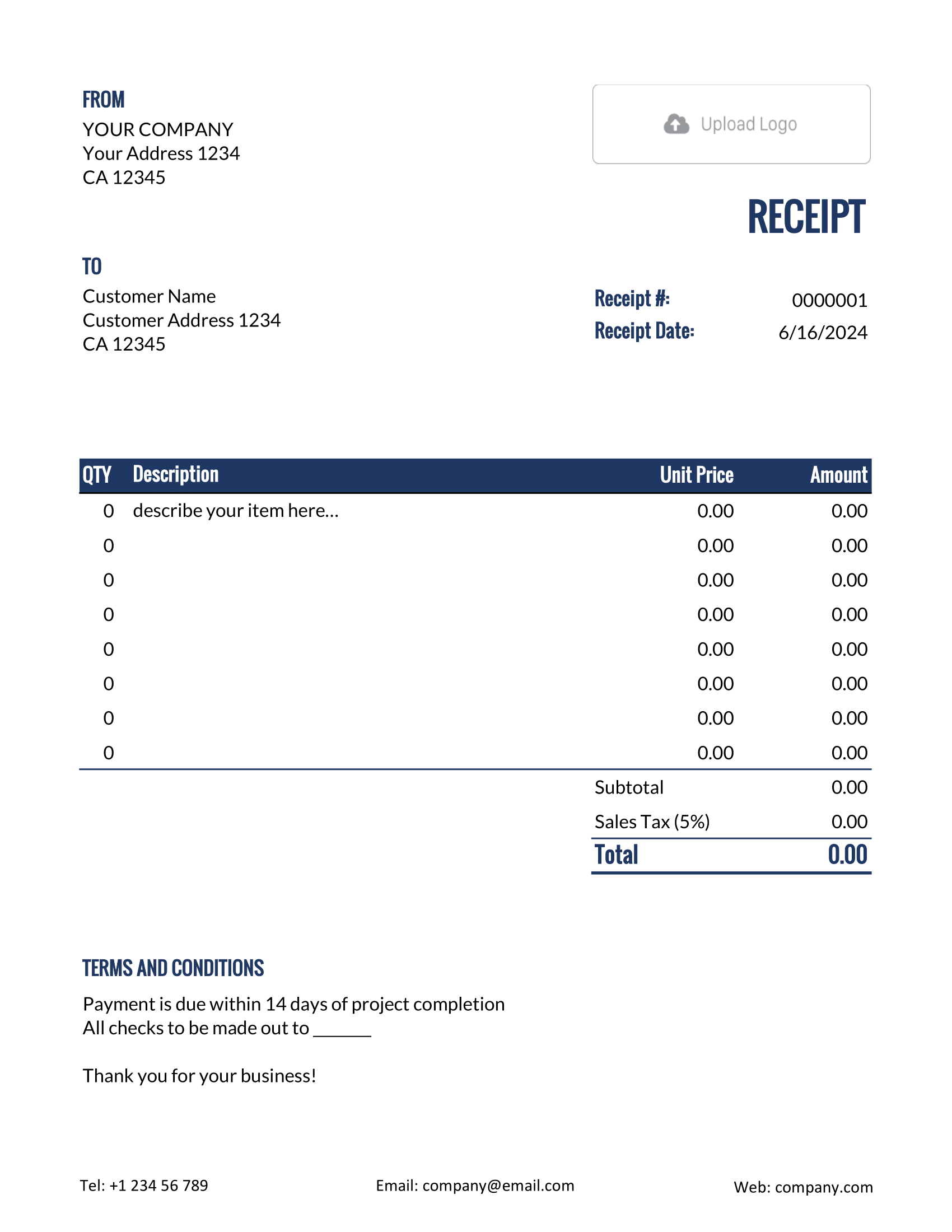 Printable Excel Receipt Template