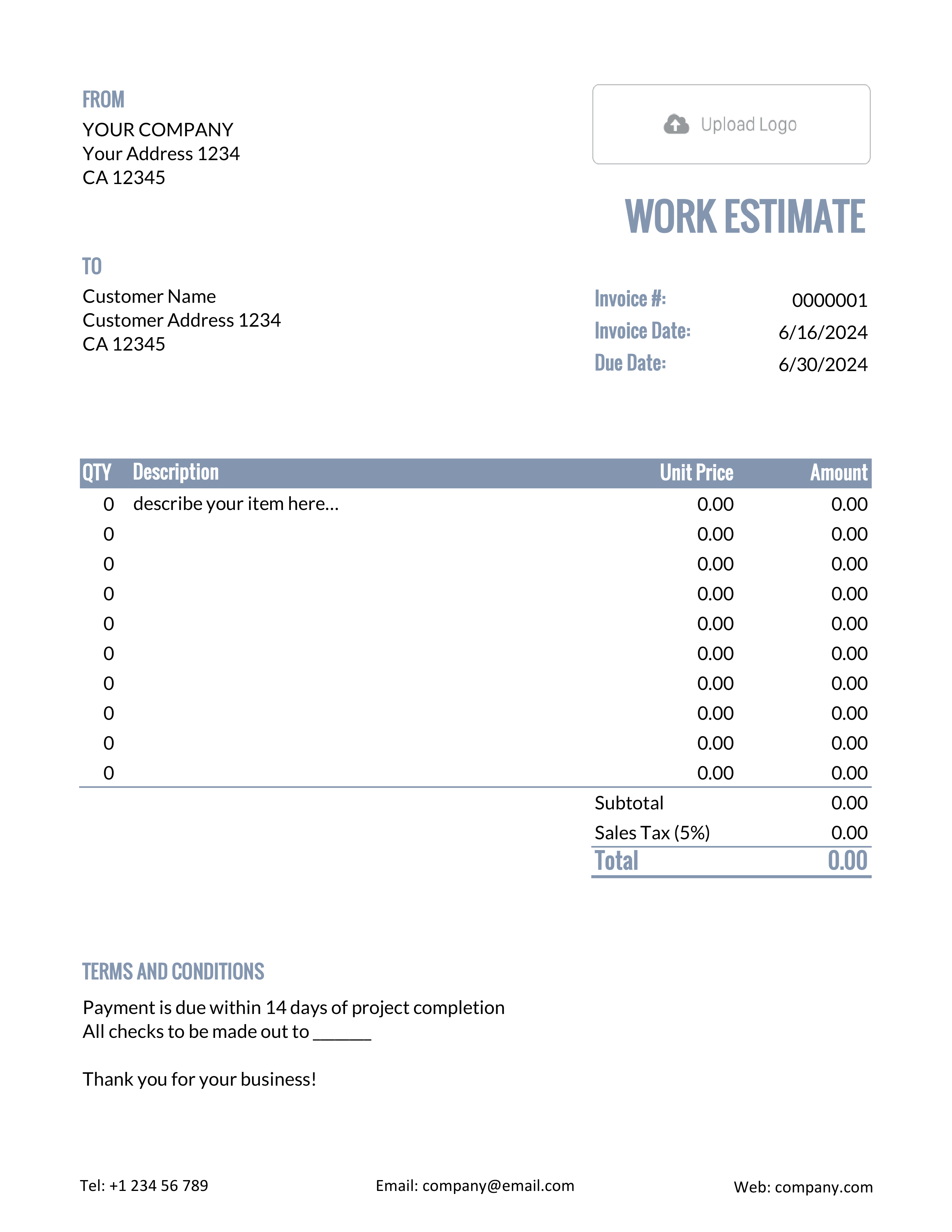 Excel Work Estimate Template