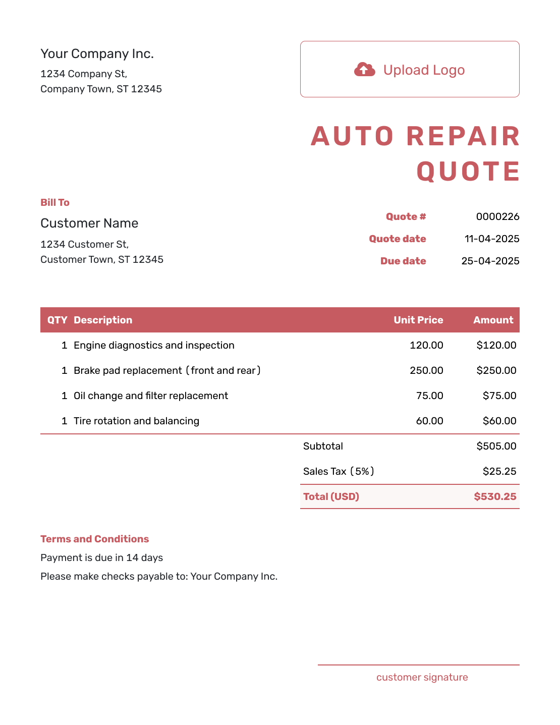 Fillable Auto Repair Quote Template