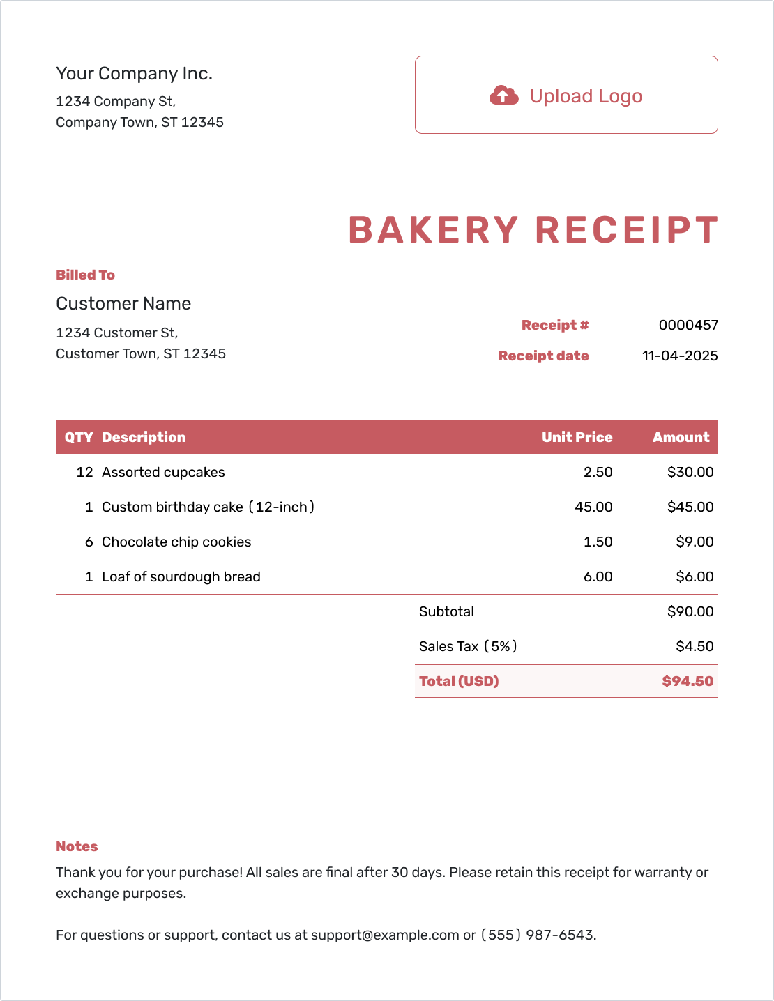 Fillable Bakery Receipt Template