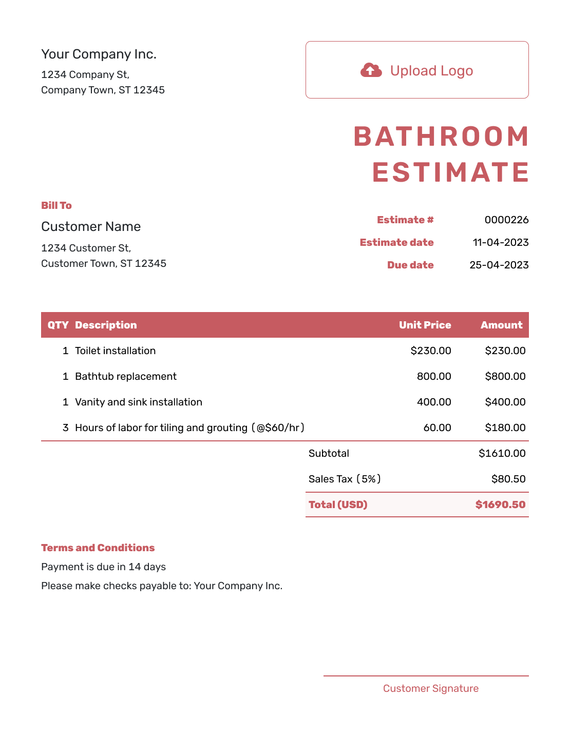 Fillable Bathroom Estimate Template