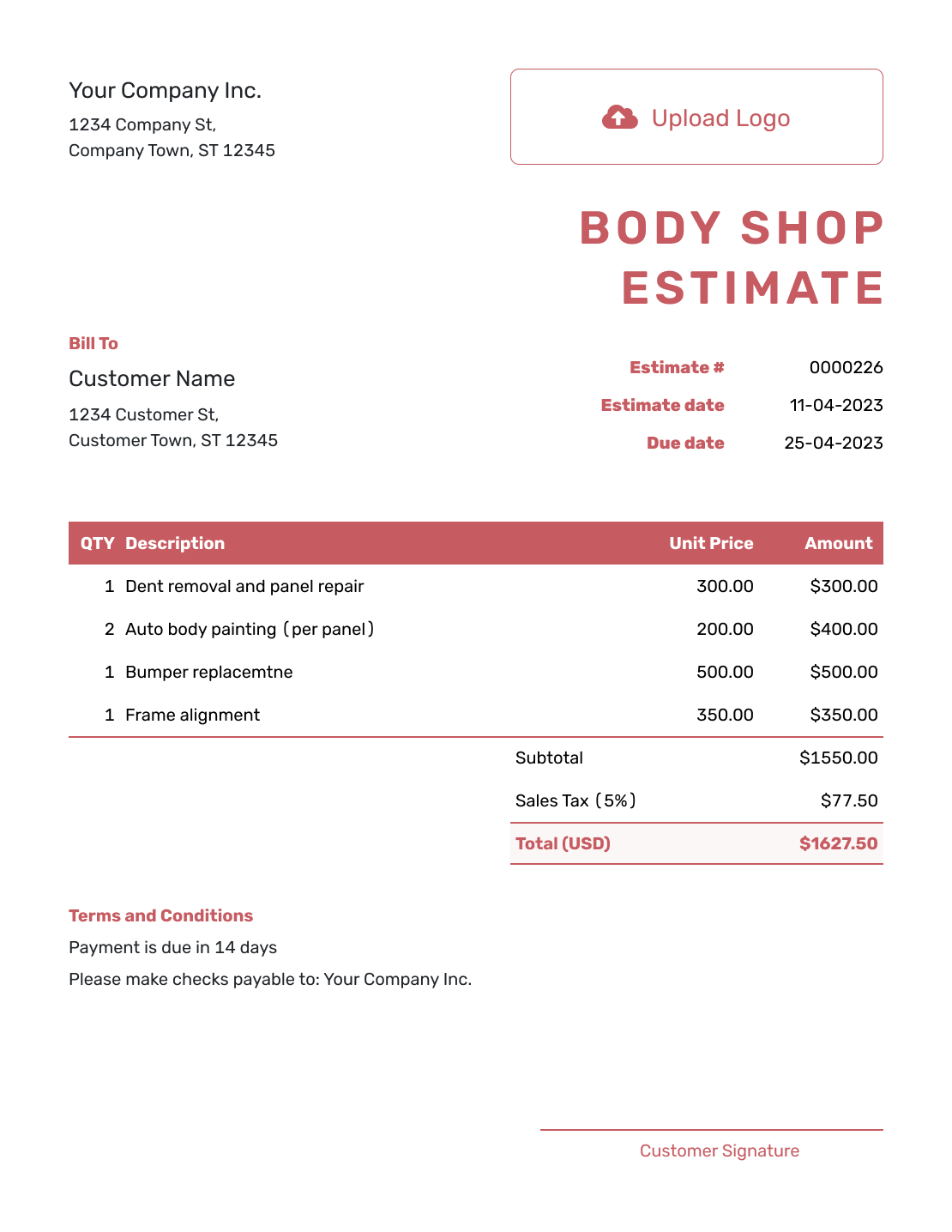 Fillable Body Shop Estimate Template