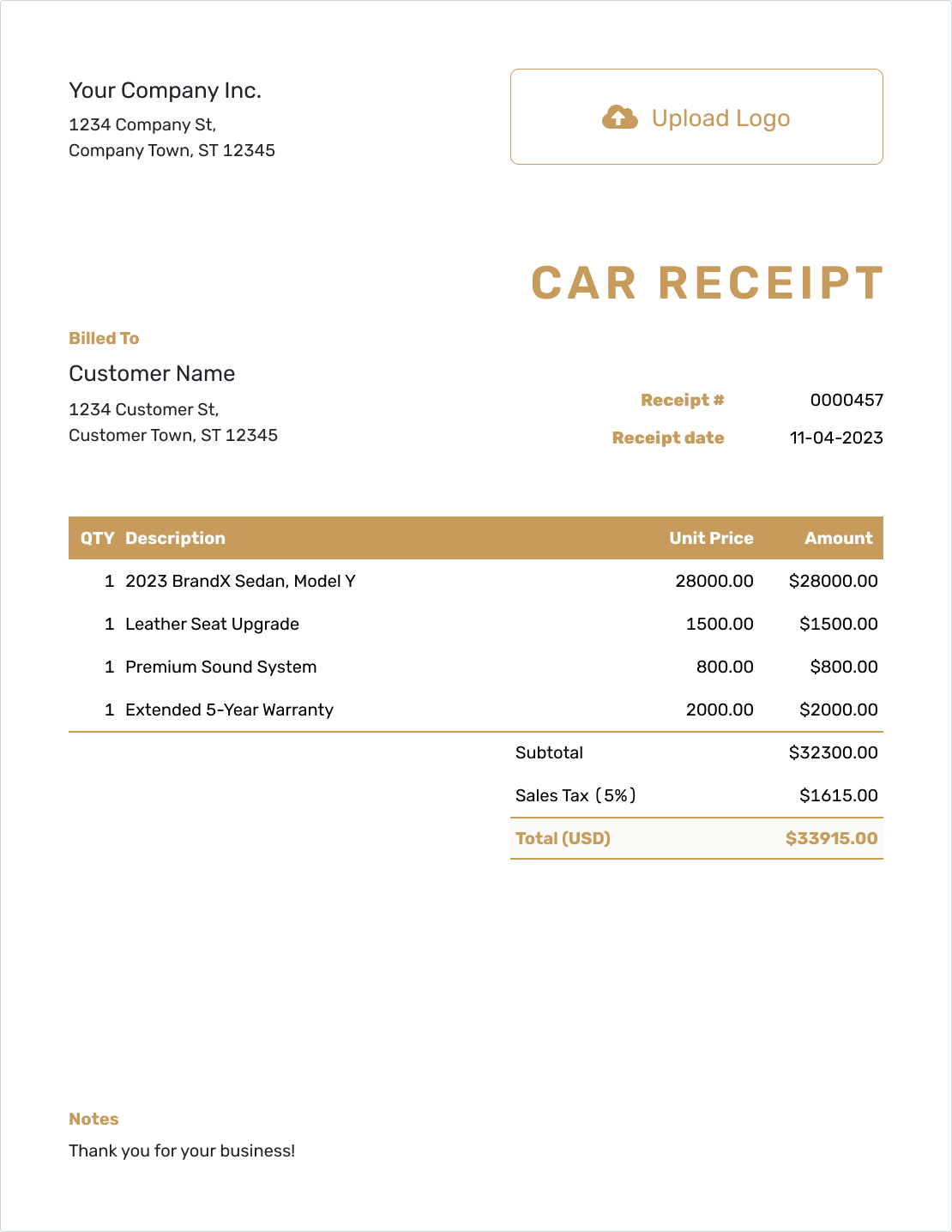 Fillable Car Receipt Template