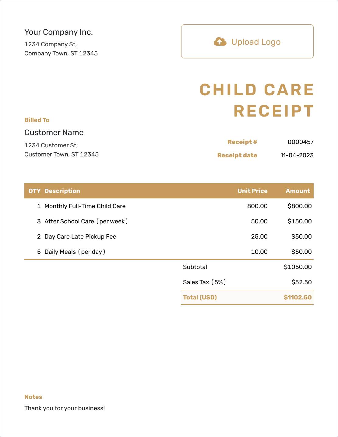 Fillable Child Care Receipt Template