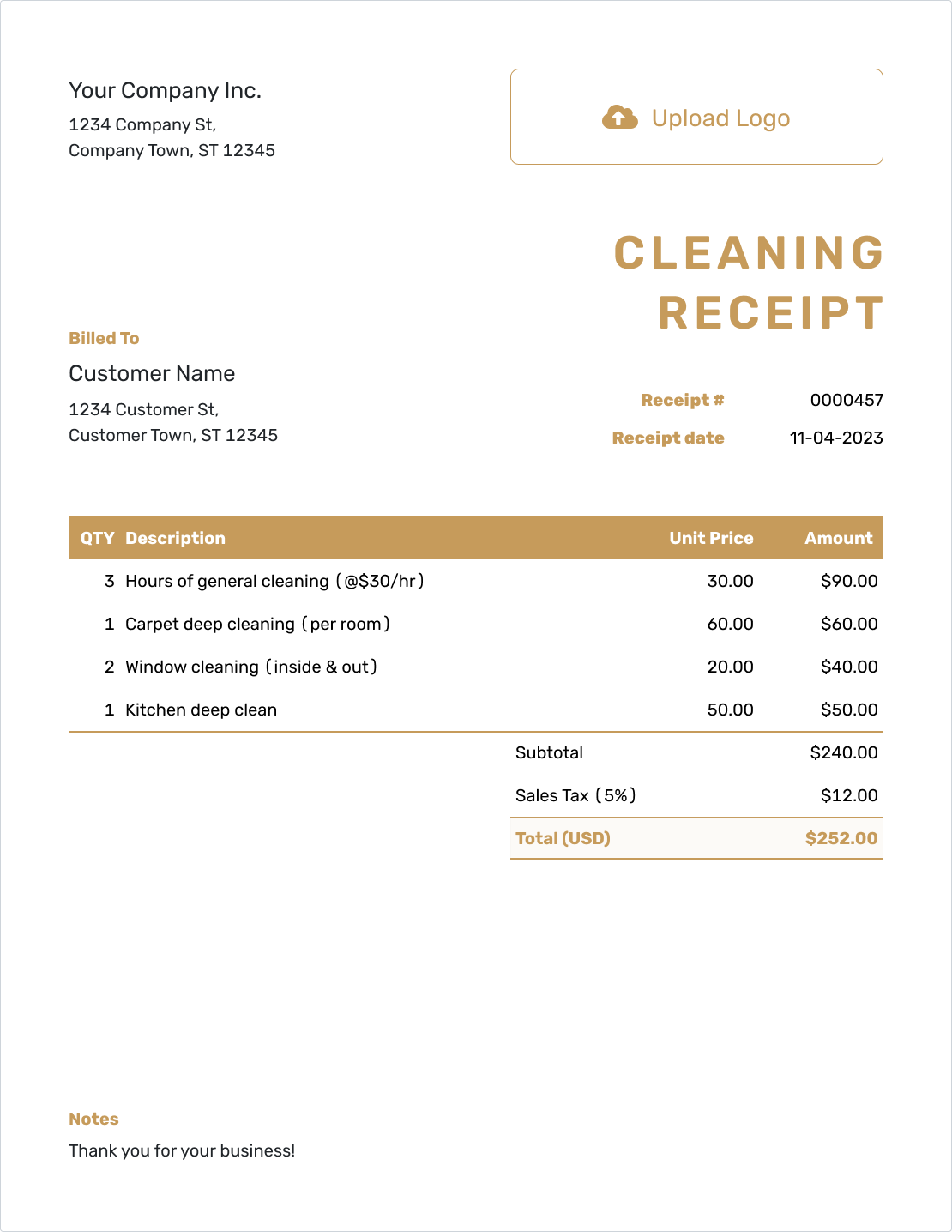 Fillable Cleaning Receipt Template