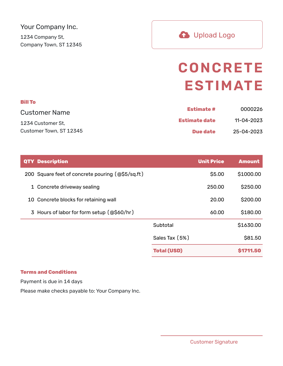 Fillable Concrete Estimate Template