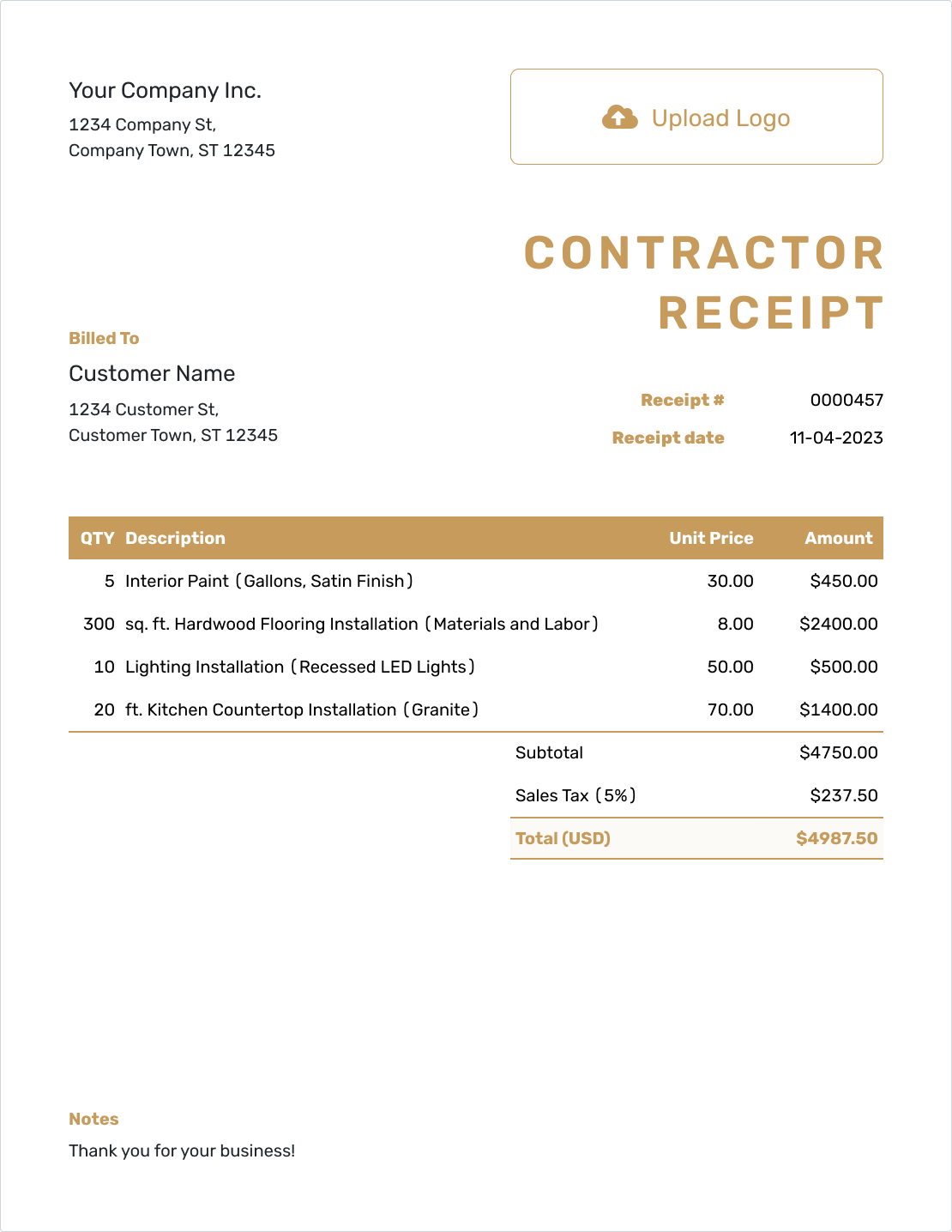 Fillable Contractor Receipt Template