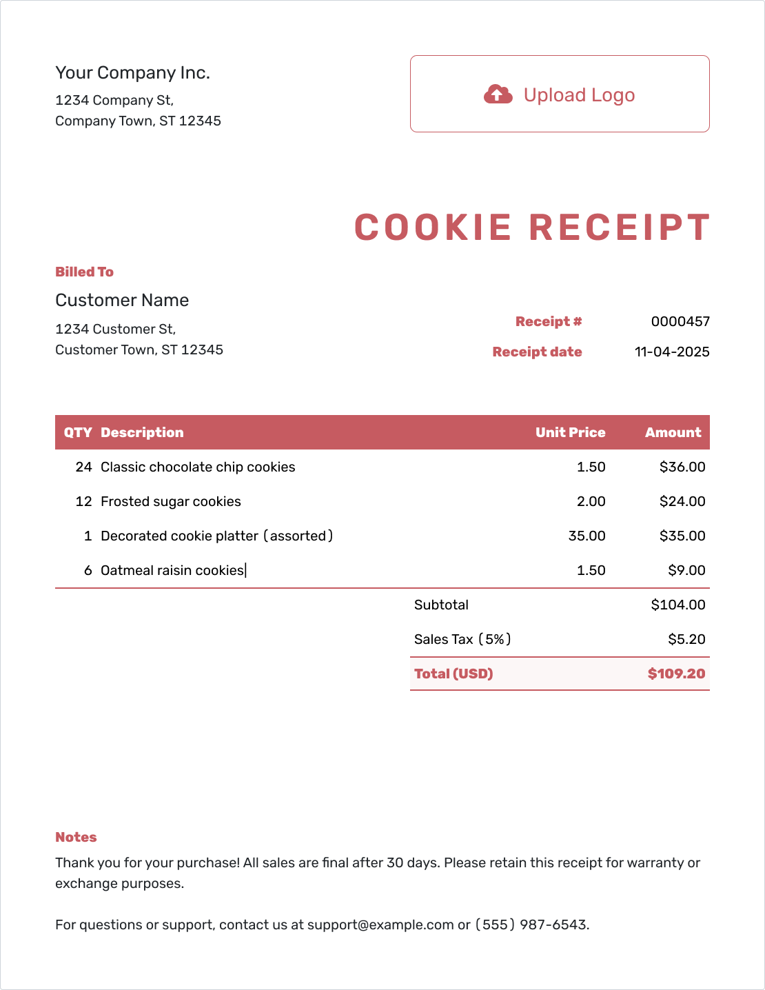Fillable Cookie Receipt Template