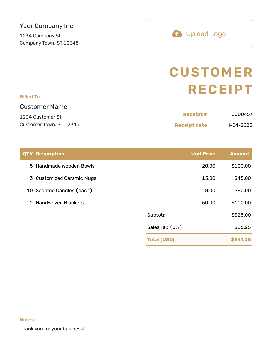 Fillable Customer Receipt Template