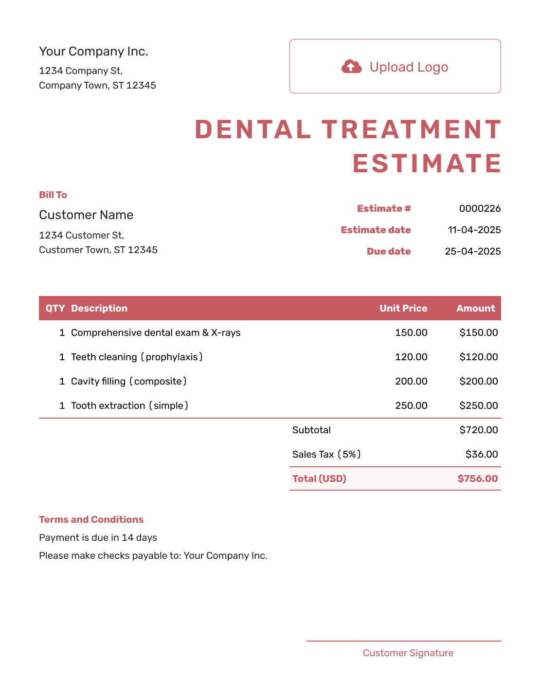 Fillable Dental Treatment Estimate Template