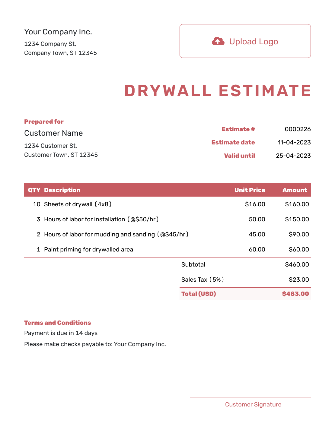 Fillable Drywall Estimate Template