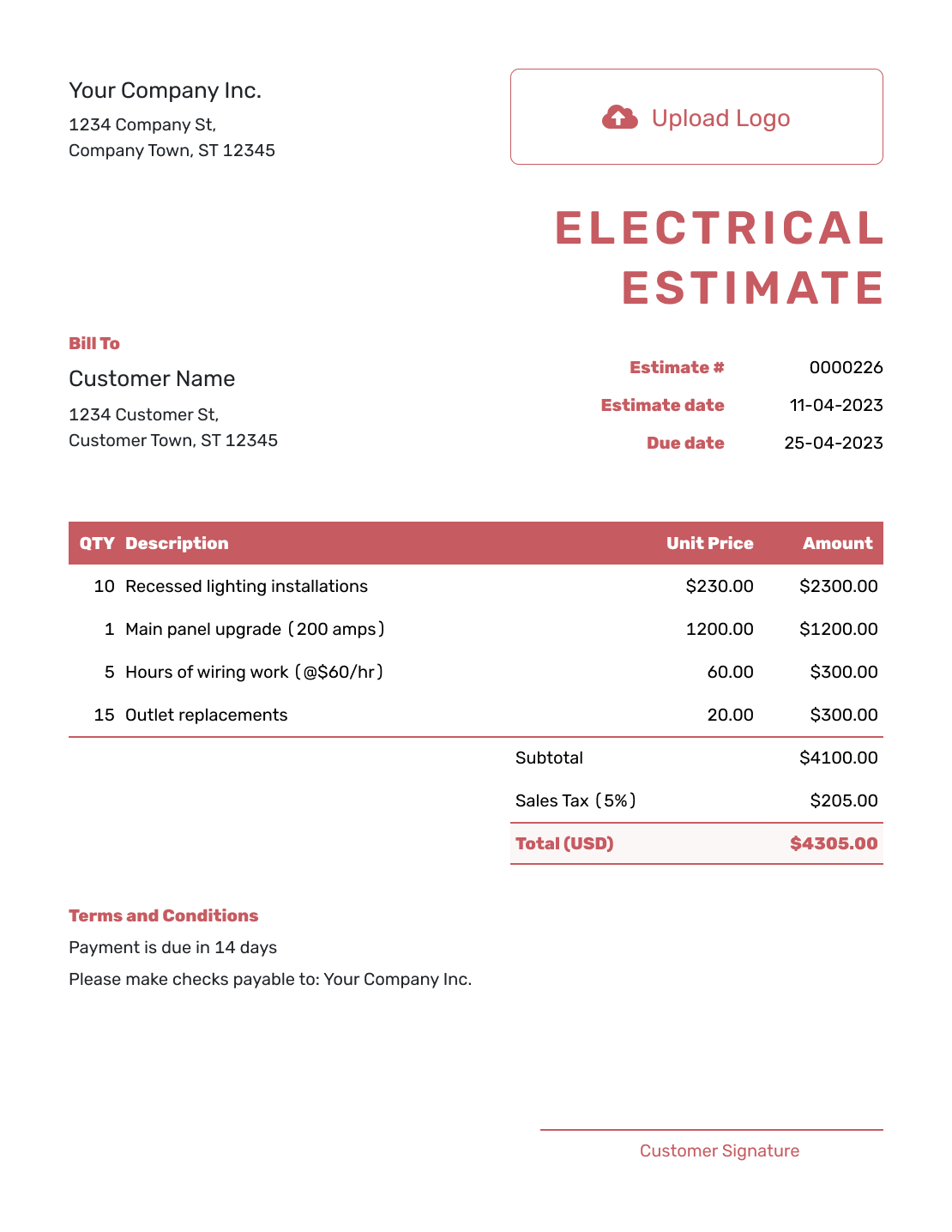 Fillable Electrical Estimate Template