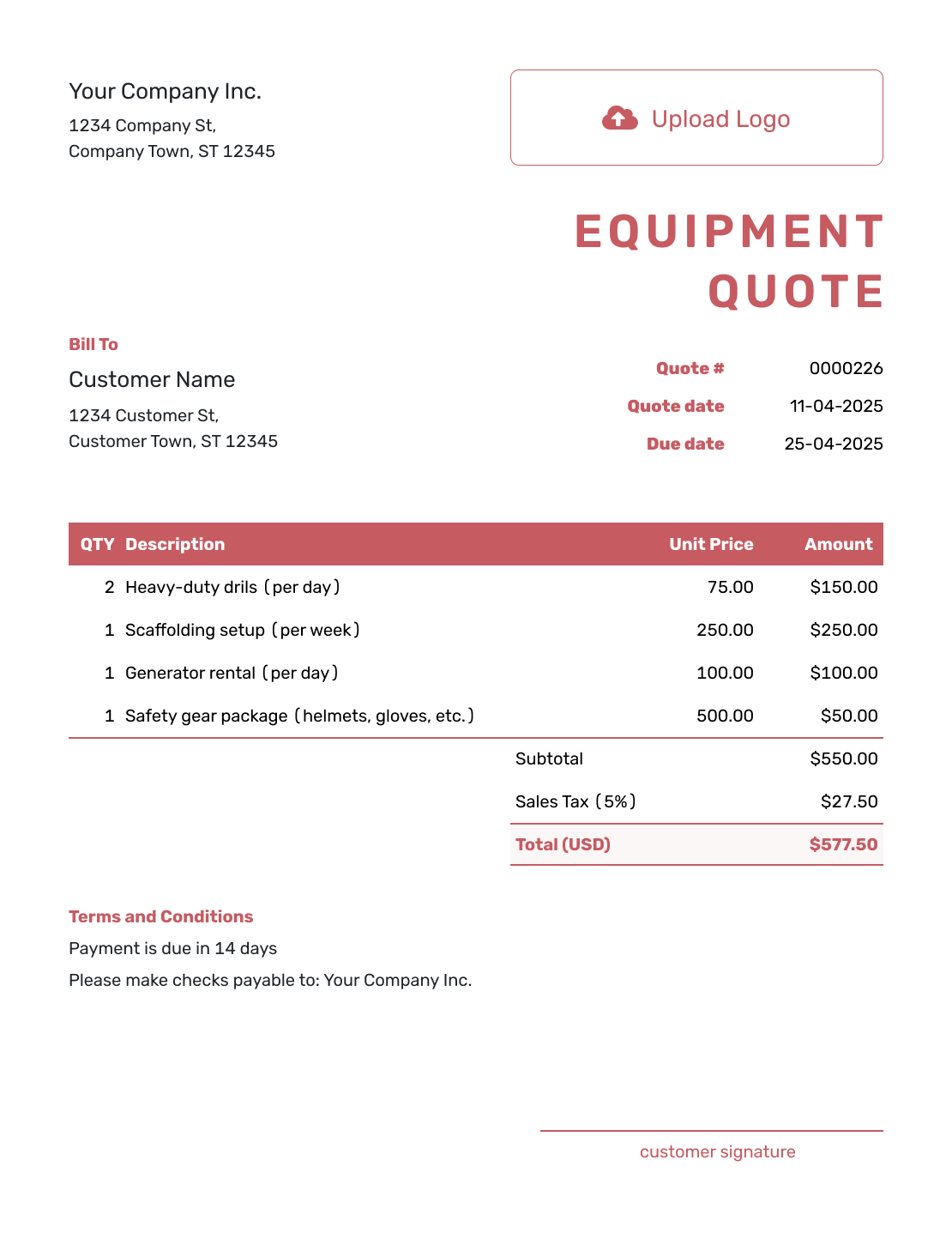 Fillable Equipment Quote Template