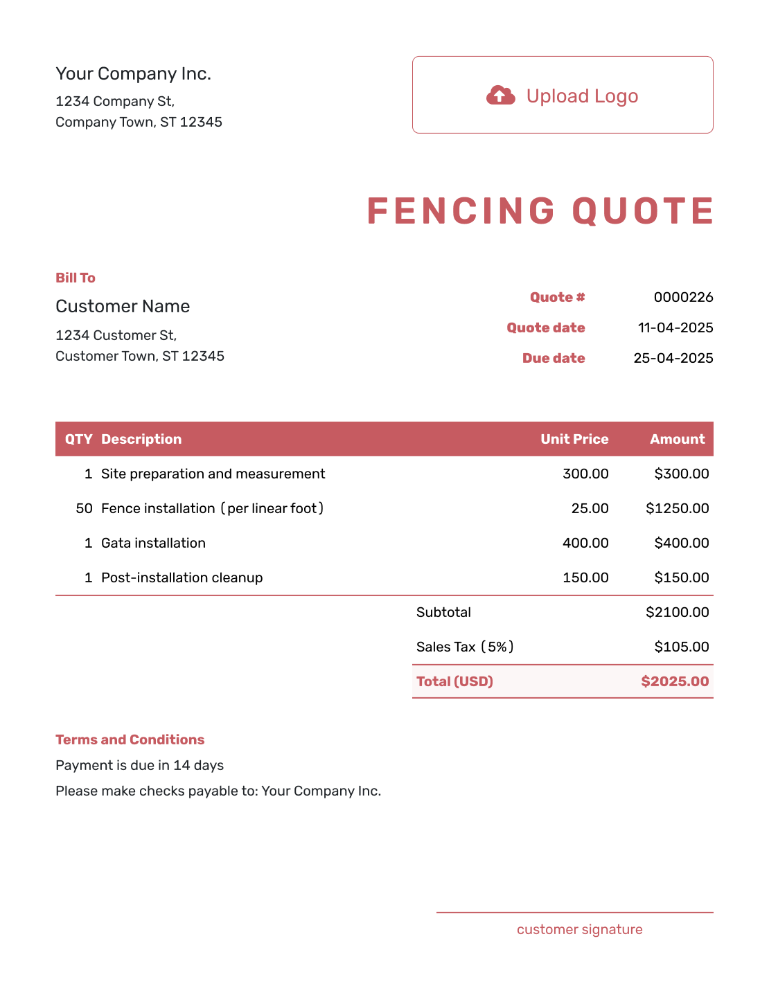 Fillable Fencing Quote Template