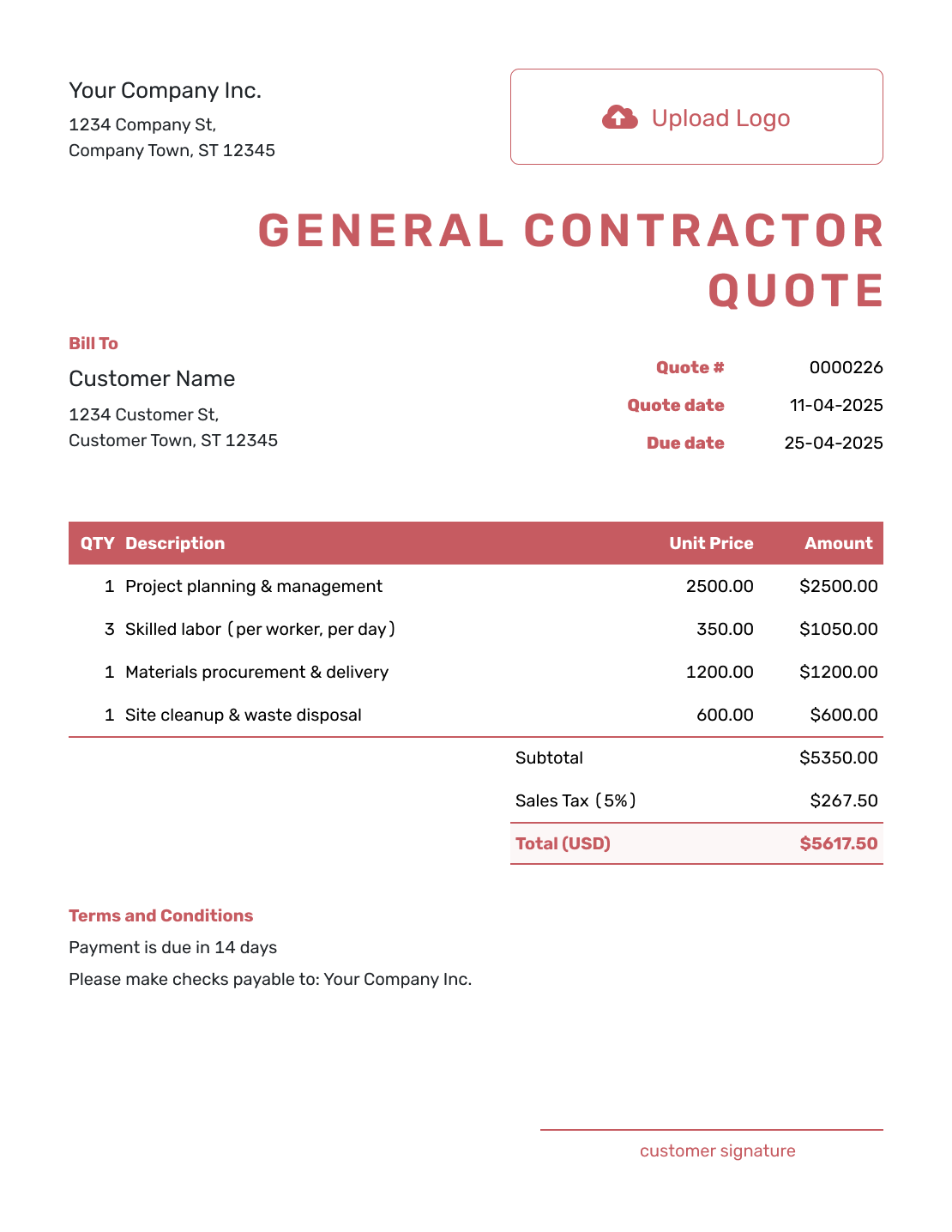 Fillable General Contractor Quote Template