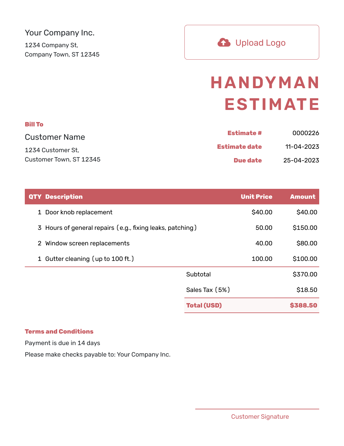 Fillable Handyman Estimate Template
